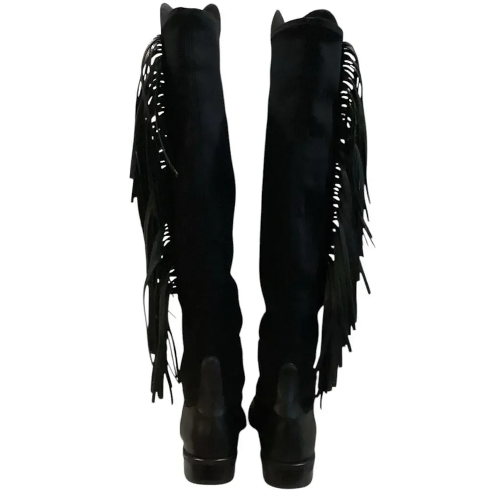 Stuart Weitzman 5050 Fringe Over The‎ Knee Boot Black Nappa Leather Size 7